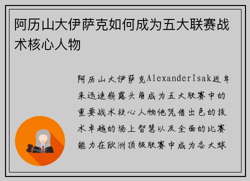 阿历山大伊萨克如何成为五大联赛战术核心人物